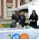 CEO Maryrose Sylvester breaks open a time capsule buried 100 years ago