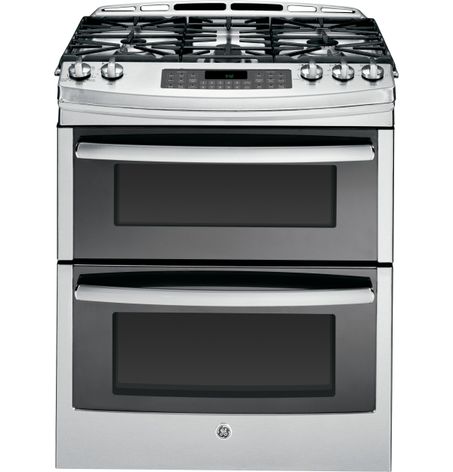 GE slide-in double oven gas range (Model PGS950SEFSS)