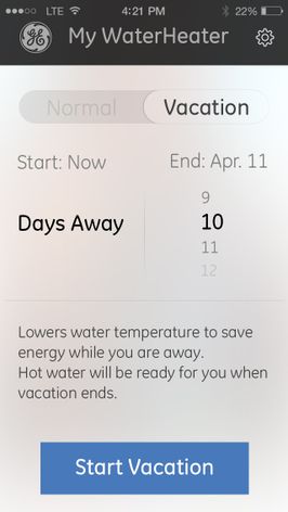 Water heater app—vacation mode