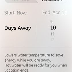Water heater app—vacation mode