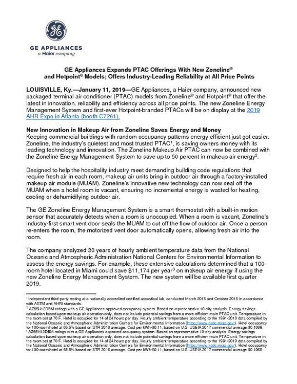 GE Appliances Expands PTAC Offerings With New Zoneline