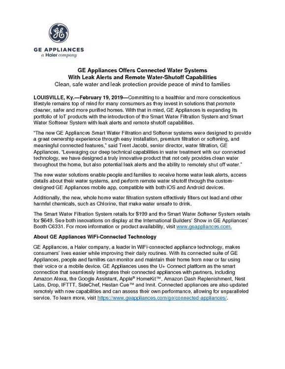 GE Appliances Offers Connected Water Systems With Leak Alerts and Remote Water-Shutoff Capabilities