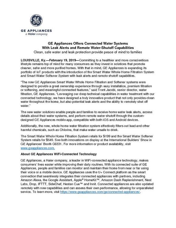 GE Appliances Offers Connected Water Systems With Leak Alerts and Remote Water-Shutoff Capabilities