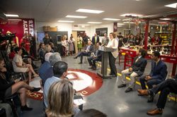 GE Appliances Chief Operating Officer Melanie Cook speaks to students and guests at Doss High School at the launch of the Mock Assembly Line.
