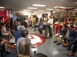 GE Appliances Chief Operating Officer Melanie Cook speaks to students and guests at Doss High School at the launch of the Mock Assembly Line. GE Appliances Chief Operating Officer Melanie Cook speaks to students and guests at Doss High School at the launch of the Mock Assembly Line.