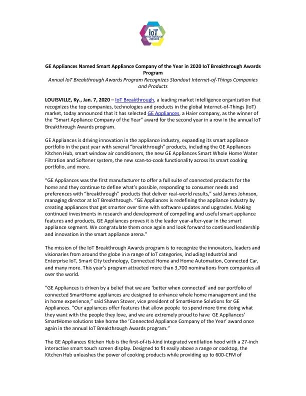 GE Appliances_IoT Breakthrough Awards_PR_FINAL