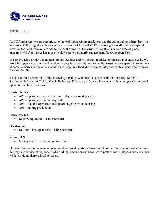 Important Operations Announcement 3-17-2020