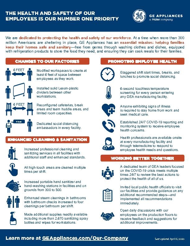 GEA Infographic--ACTIONS BY GE APPLIANCES TO PROTECT THE HEALTH AND SAFETY OF OUR WORKFORCE