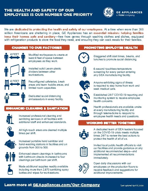 GEA Infographic--ACTIONS BY GE APPLIANCES TO PROTECT THE HEALTH AND SAFETY OF OUR WORKFORCE