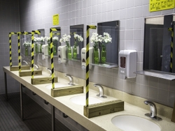 Solid Lexan barriers separate the sinks in the women’s restrooms.