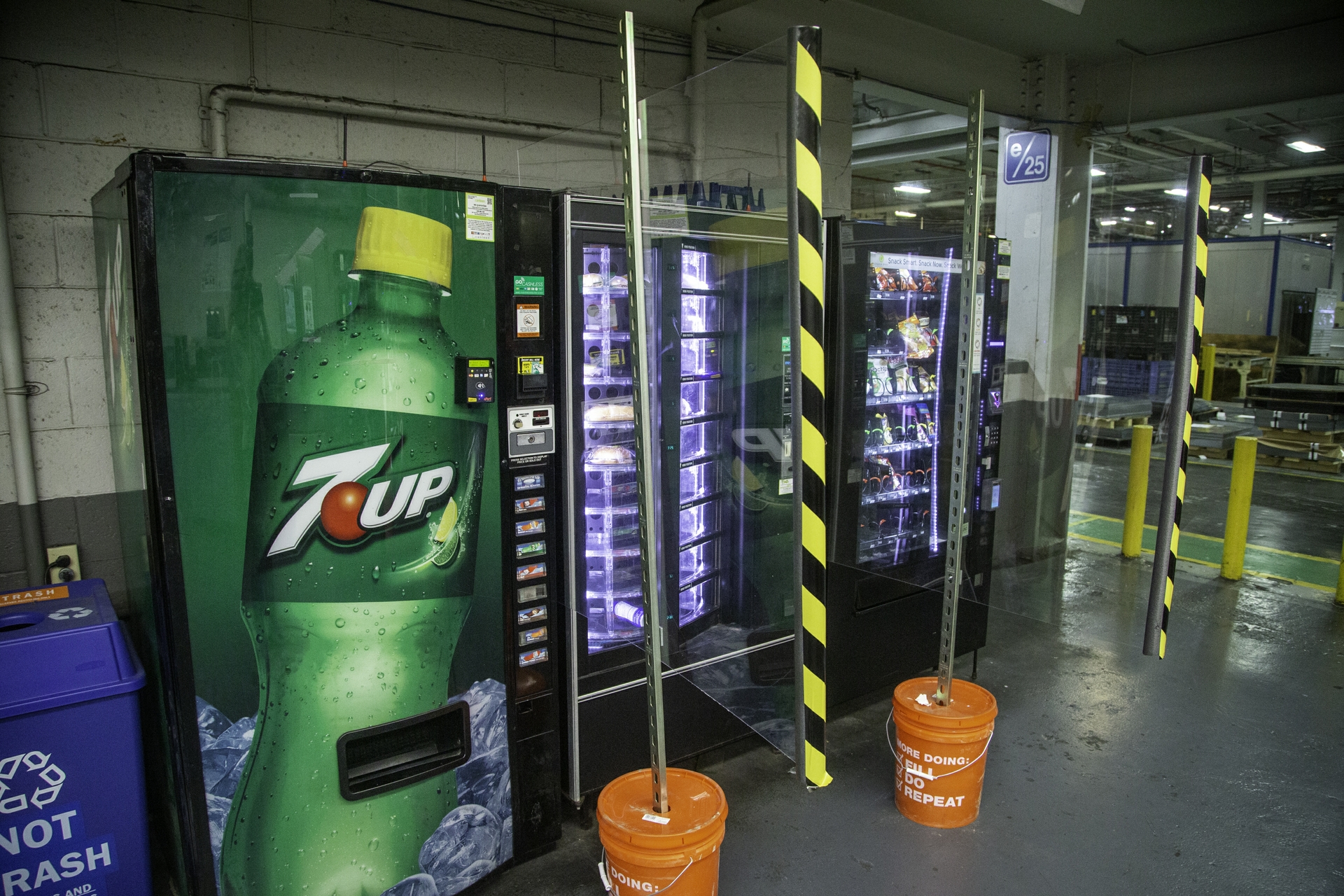 60 mobile barrier walls like these are used in areas around the plant to create separation in areas where people in the past would have congregated, such as vending machines.