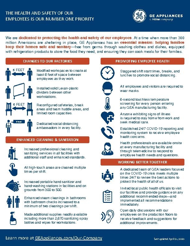 GEA Infographic--ACTIONS BY GE APPLIANCES TO PROTECT THE HEALTH AND SAFETY OF OUR WORKFORCE