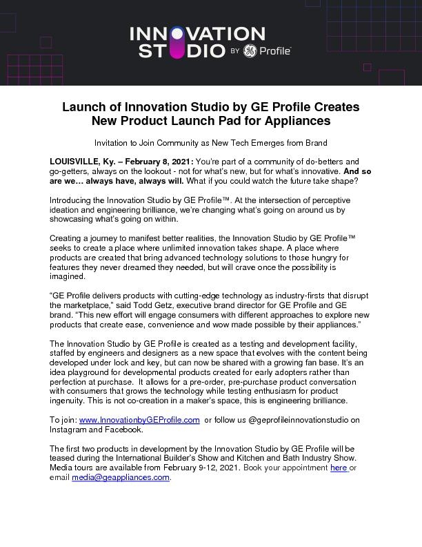 GE Profile Innovation Studio Announcement 