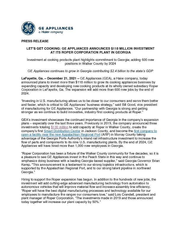 FINAL - GE Appliances Roper investment press release