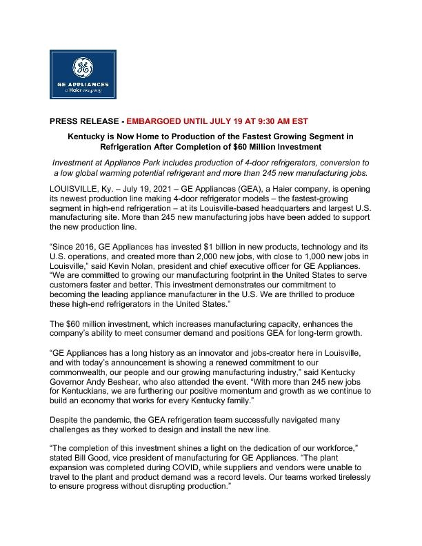 GE Appliances refrigeration investment completion announcement