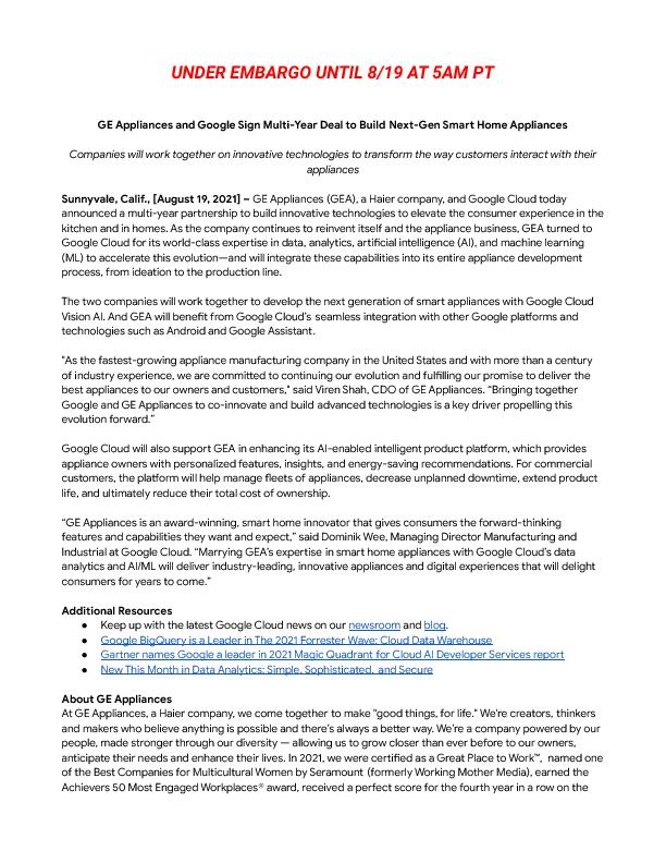 GE Appliances Google Cloud Press Release