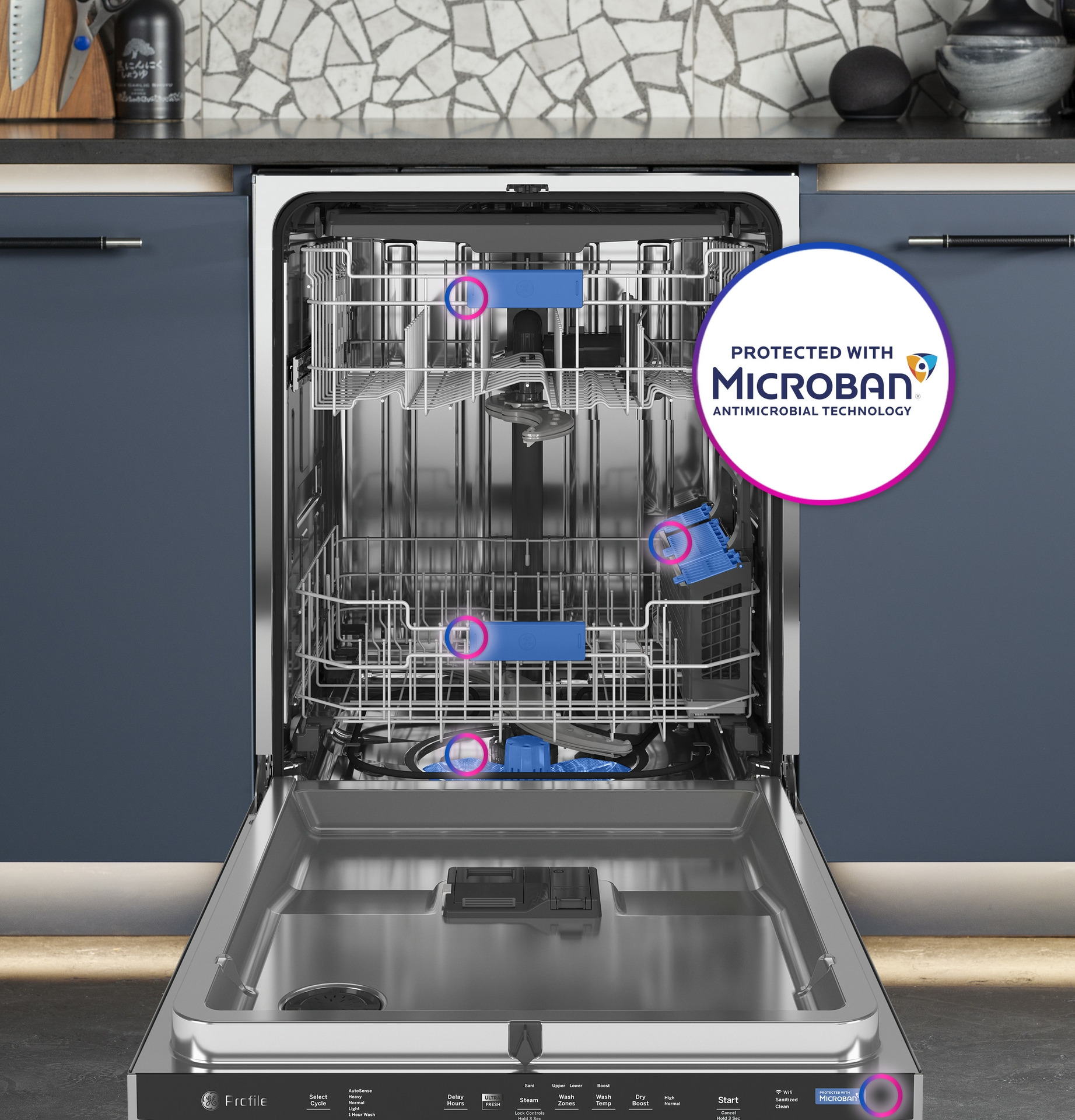 Microban® Antimicrobial Technology is built into the high-contact touchpoints of the GE Profile UltraFresh System™ Dishwasher with Microban® Antimicrobial Technology.