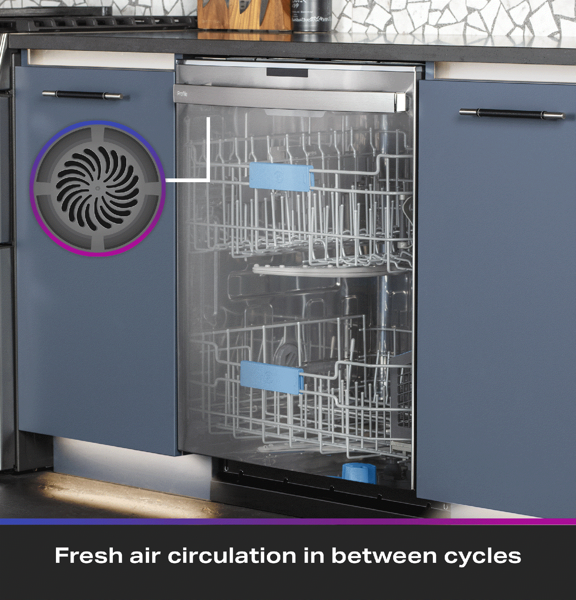 GE Profile UltraFresh System™ Dishwasher with Microban® Antimicrobial Technology: Smart sensors and a fan work together to refresh the air to help reduce the moisture inside the dishwasher 