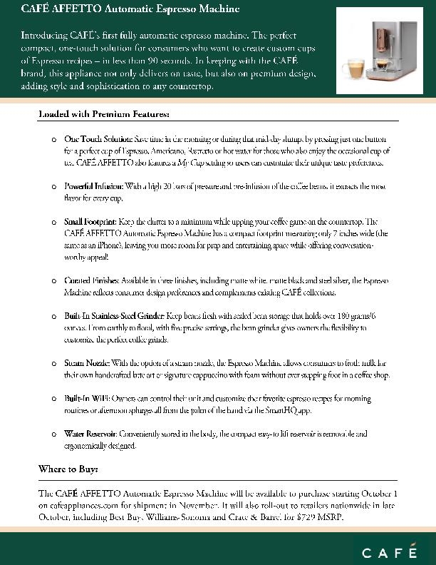 CAFÉ AFFETTO Automatic Espresso Machine Fact Sheet_FINAL