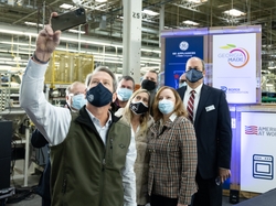 Georgia Governor Brian Kemp, First Lady Marty Kemp, and Roper Corporation President Lois Crandell  pose for a selfie with other government officials