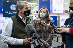 Georgia Governor Brian Kemp and Roper Corporation President Lois Crandell talk with regional reporters about job growth at Roper Corporation, a subsidiary of GE Appliances.