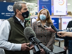 Georgia Governor Brian Kemp and Roper Corporation President Lois Crandell talk with regional reporters about job growth at Roper Corporation, a subsidiary of GE Appliances.