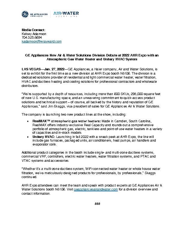 Press Release_AHR Expo 2022_GE Appliances Air and Water Solutions_final