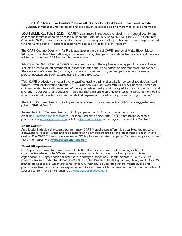 KBIS CAF Couture Oven Press Release