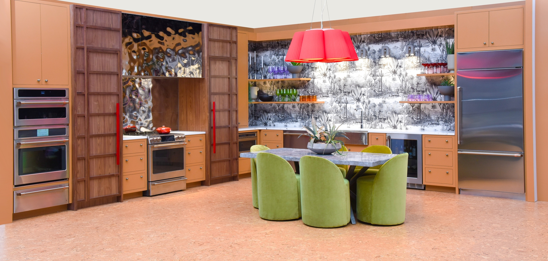 CAFE Earthen_Essence uses warm woods comforting clay-based tones and sustainable materials like cork to capture the warm neutrals from the 2022 runway
