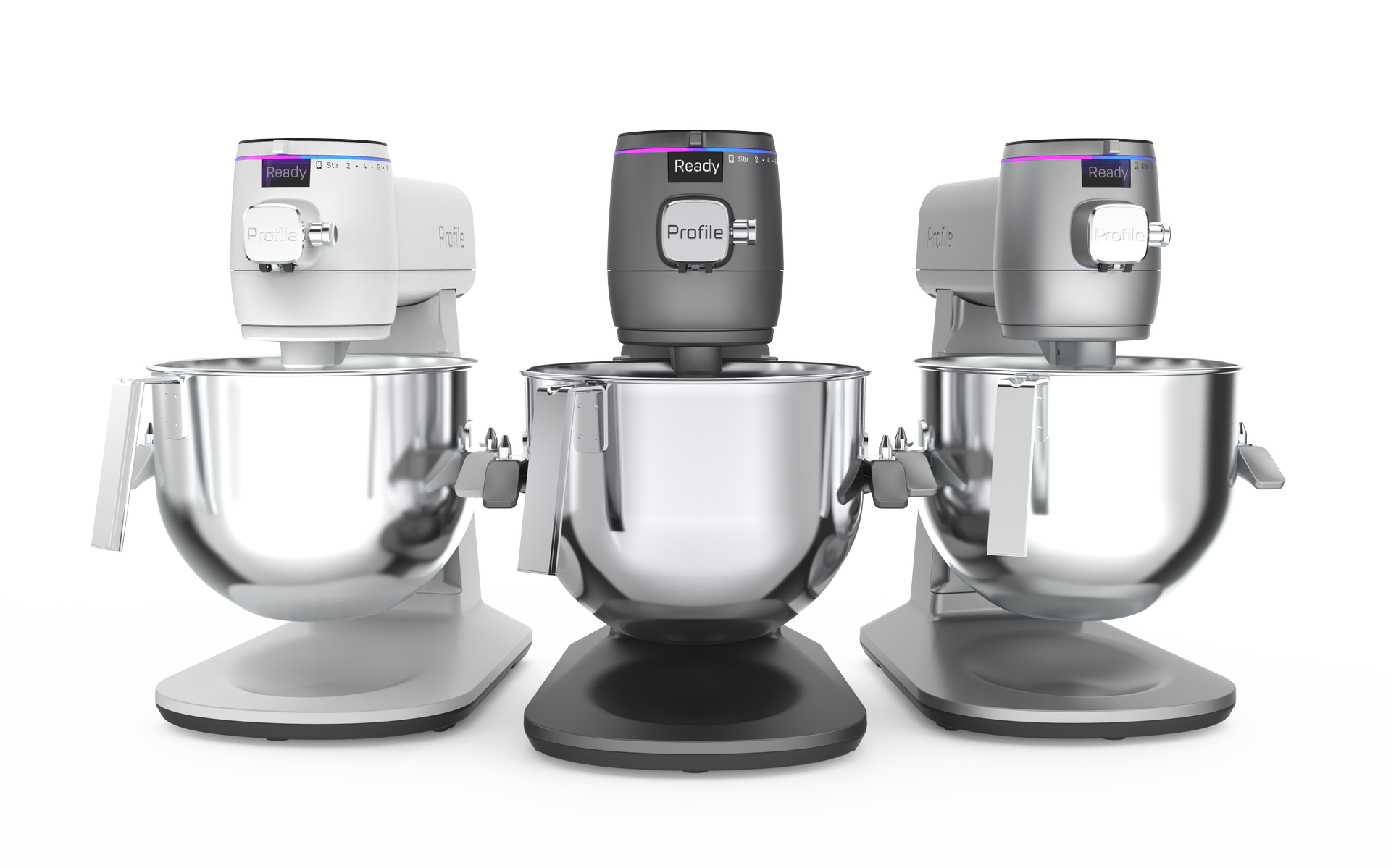 The GE Profile Smart Mixer with Auto Sense in Stone White Carbon Black and Mineral Silver
