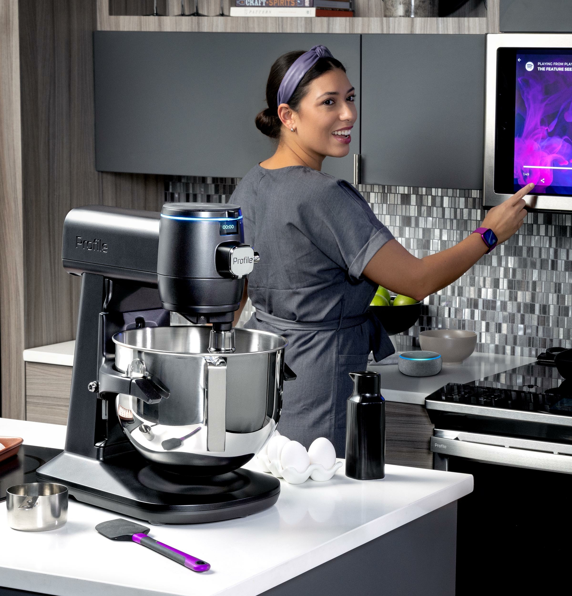 The GE Profile Smart Mixer with Auto Sense connects to Alexa or Google Home and uses voice commands for total control