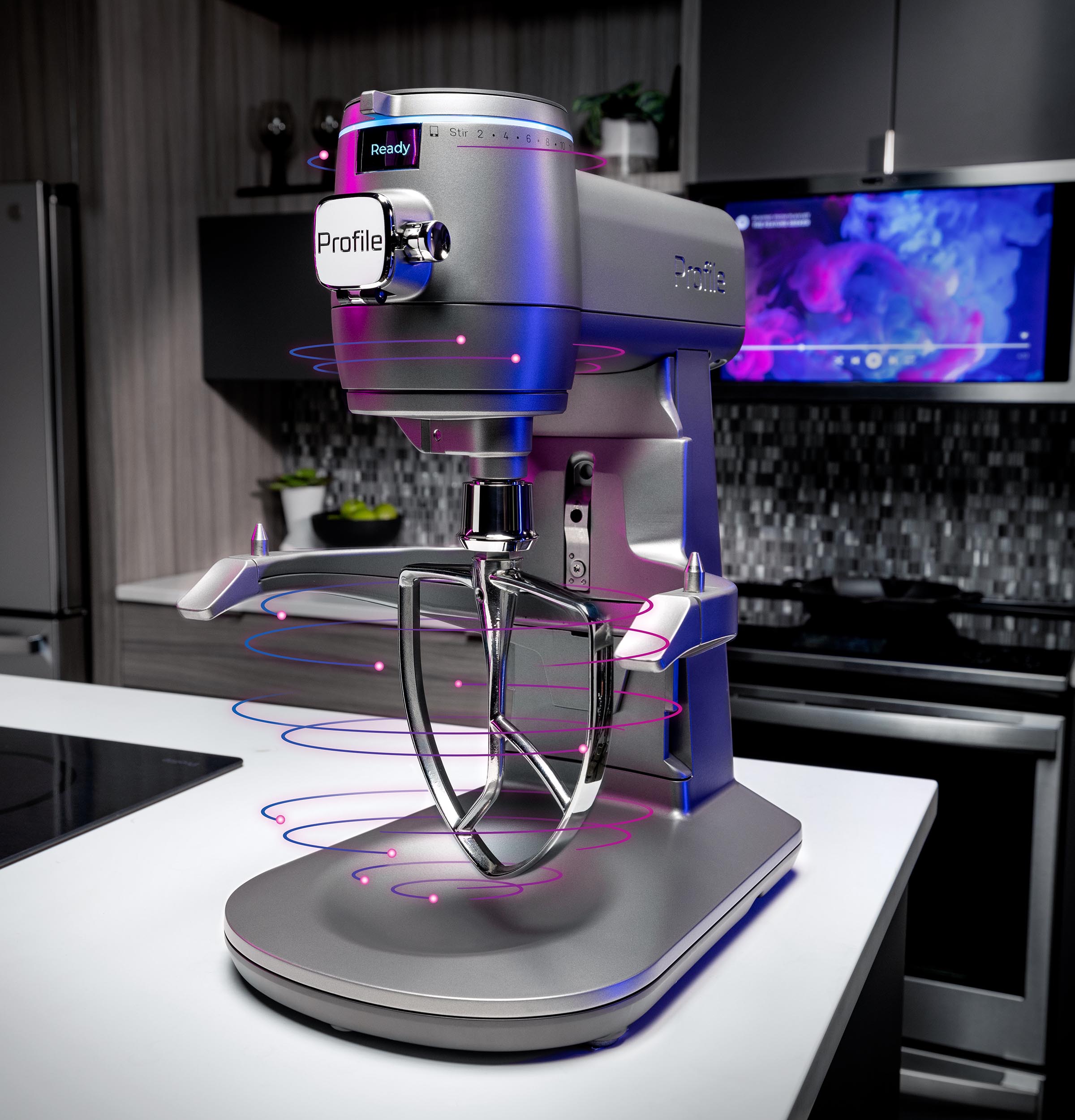 The GE Profile Smart Mixer with Auto Sense actively monitors changes in texture and viscosity to optimize mixing performance