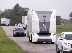 The Einride autonomous pod was tested for the first time in in the U.S. Oct. 2021 on private roads between the five manufacturing facilities at GE Appliances headquarters in Louisville KY The Einride autonomous pod was tested for the first time in in the U.S. Oct. 2021 on private roads between the five manufacturing facilities at GE Appliances headquarters in Louisville KY