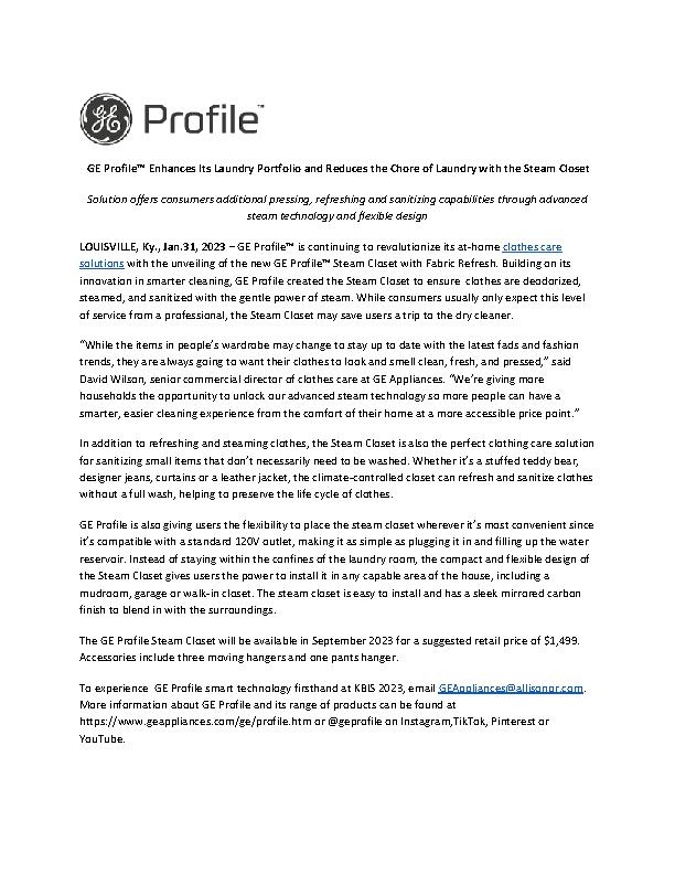 GE Profile Enhances Its Laundry Portfolio and Reduces the Chore of Laundry with the Steam Closet  