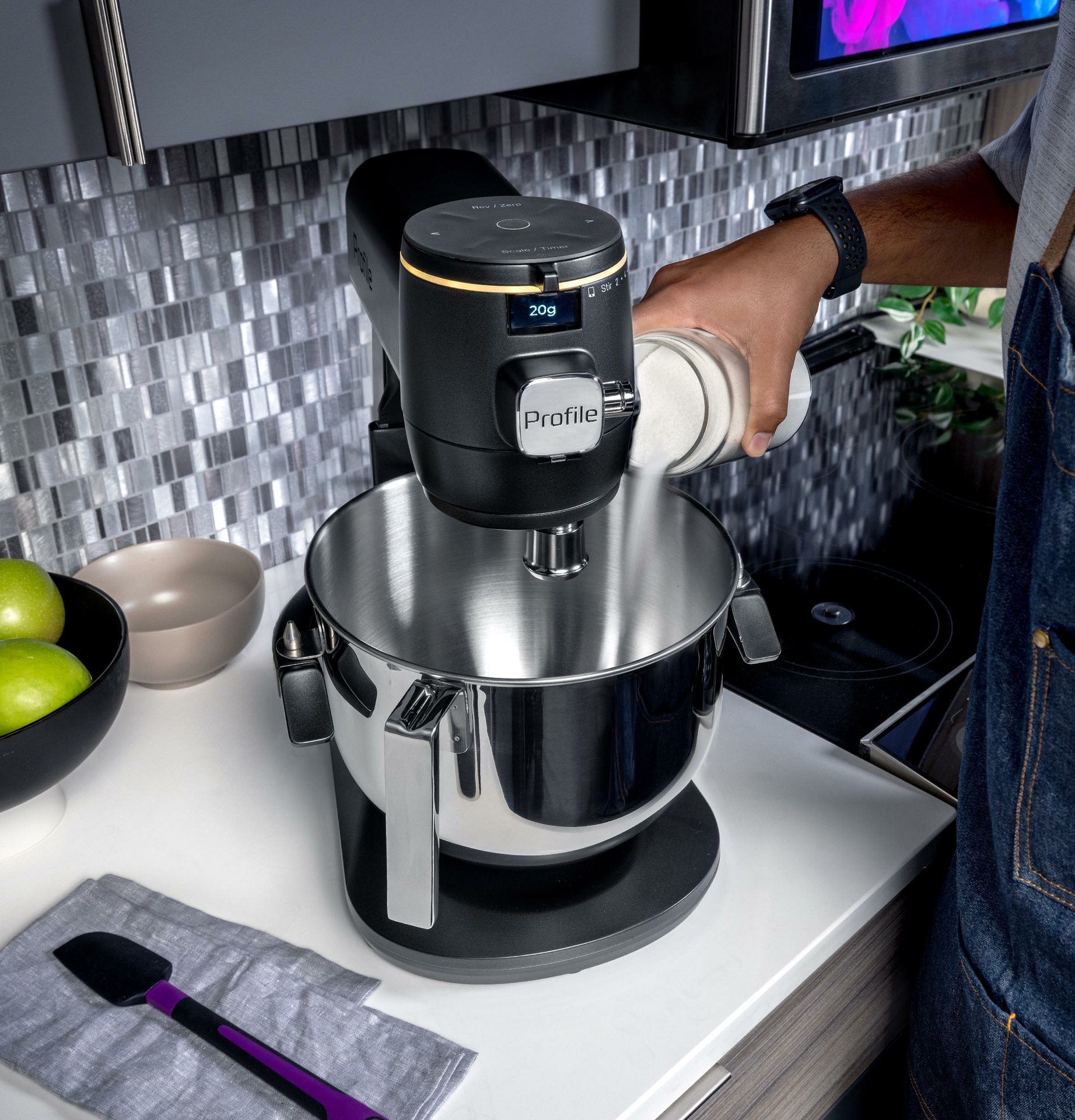 The GE Profile Smart Mixer with Auto Sense Features a Built-In Smart Scale 