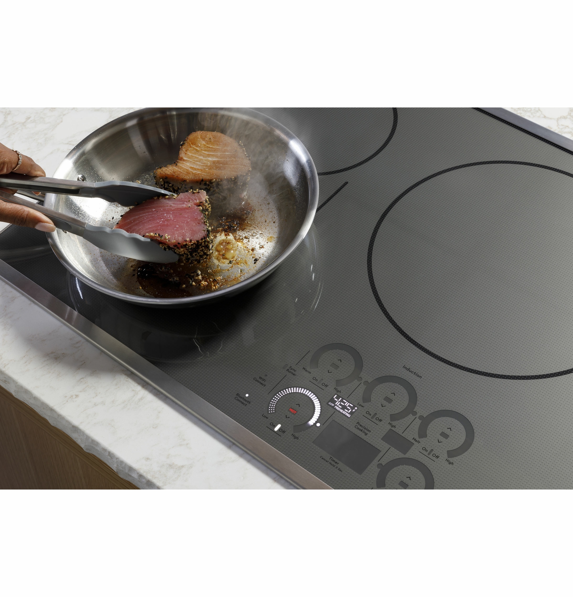 Using a smart pan and  SmartHQ app, owners can access different food types, such as pancakes, and cooking types, such as sear, and their pan will automatically adjust to the perfect degree.    