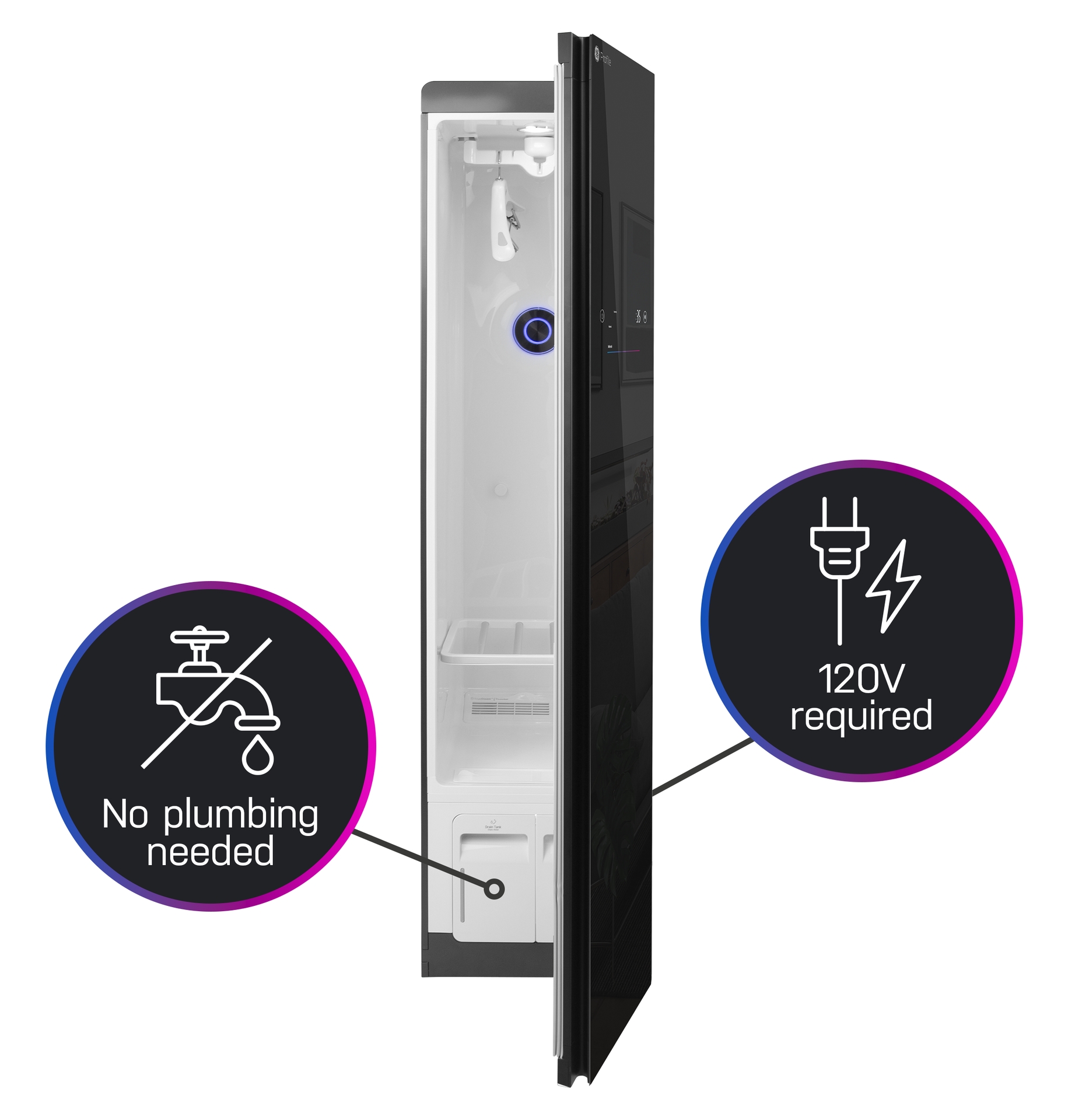 The GE Profile Steam Closet offers flexibility wherever it’s most convenient since it’s compatible with a standard 120V outlet, making it as simple as plugging it in and filling up the water reservoir.