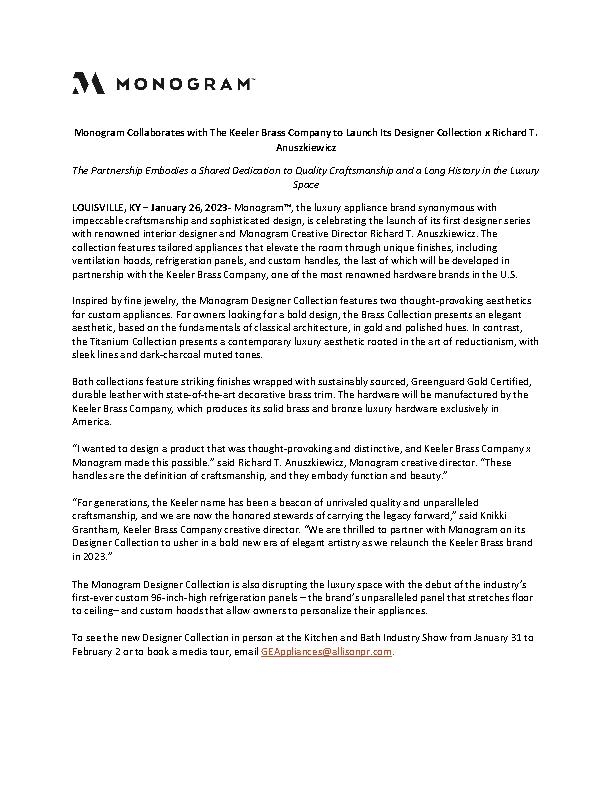 Monogram Collaborates with The Keeler Brass Company to Launch Its Designer Collection Press Release 