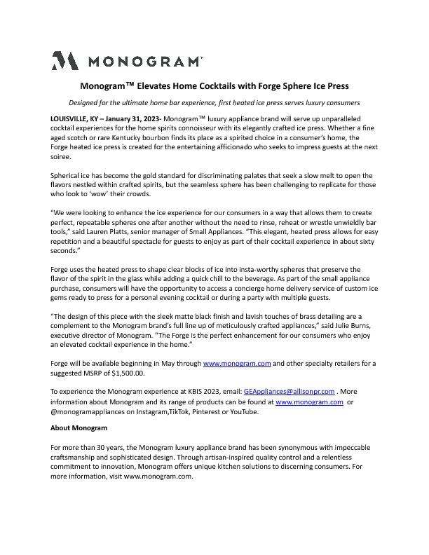 Monogram™ Elevates Home Cocktails with Forge Sphere Ice Press Release 