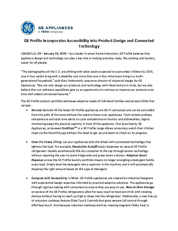 GE Profile Incorporates Accessibility into Product Design and Connected Technology Press Release