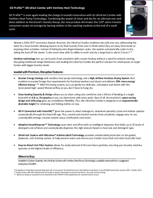 GE Profile UltraFast Combo with Ventless Heat Technology Fact Sheet