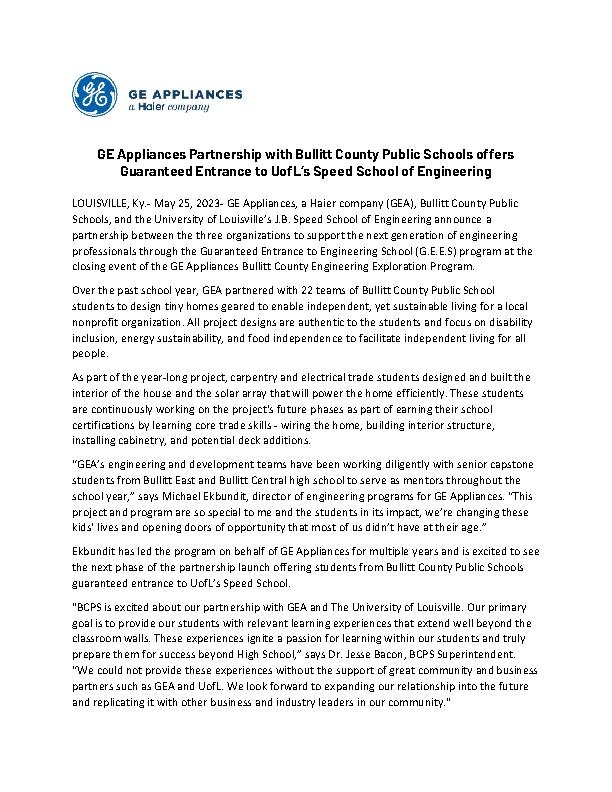 GEA Bullitt Co. UofL Partnership Press Release_
