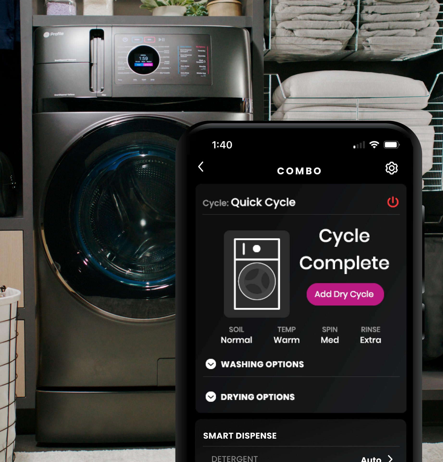 The SmartHQ™ app gives consumers the power to select detergents, download specialty cycles and initiate updates automatically