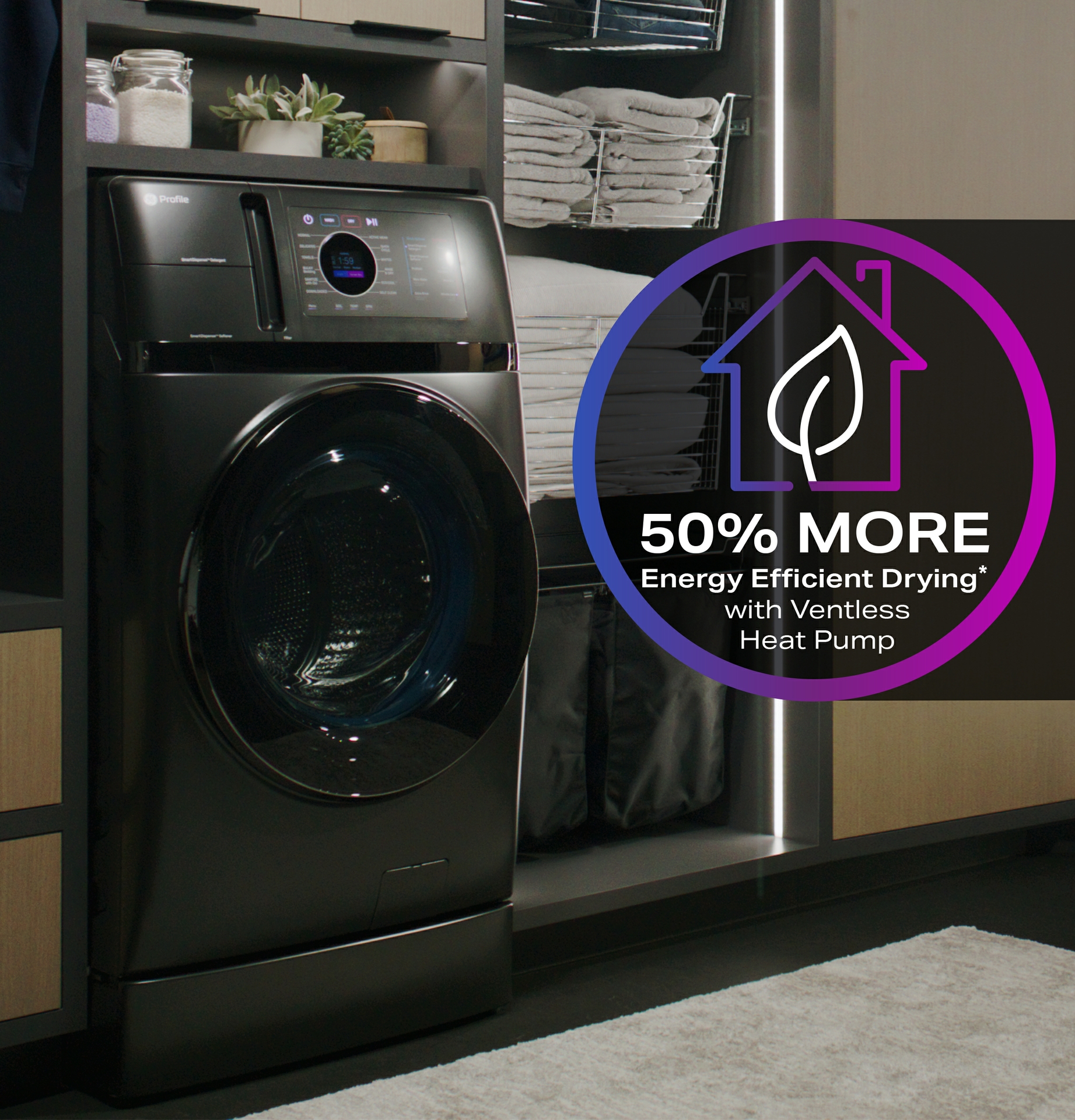 The GE Profile UltraFast Combo Delivers Greater Energy Savings with  50% More Energy Efficient Drying