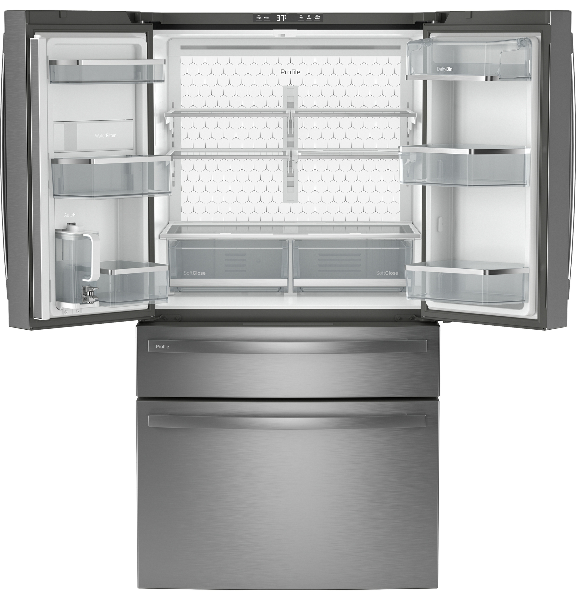 GE Profile 4-Door French Door Refrigerator with Dual-Dispense AutoFill Pitcher offers 28.7 Cu. Feet of storage.