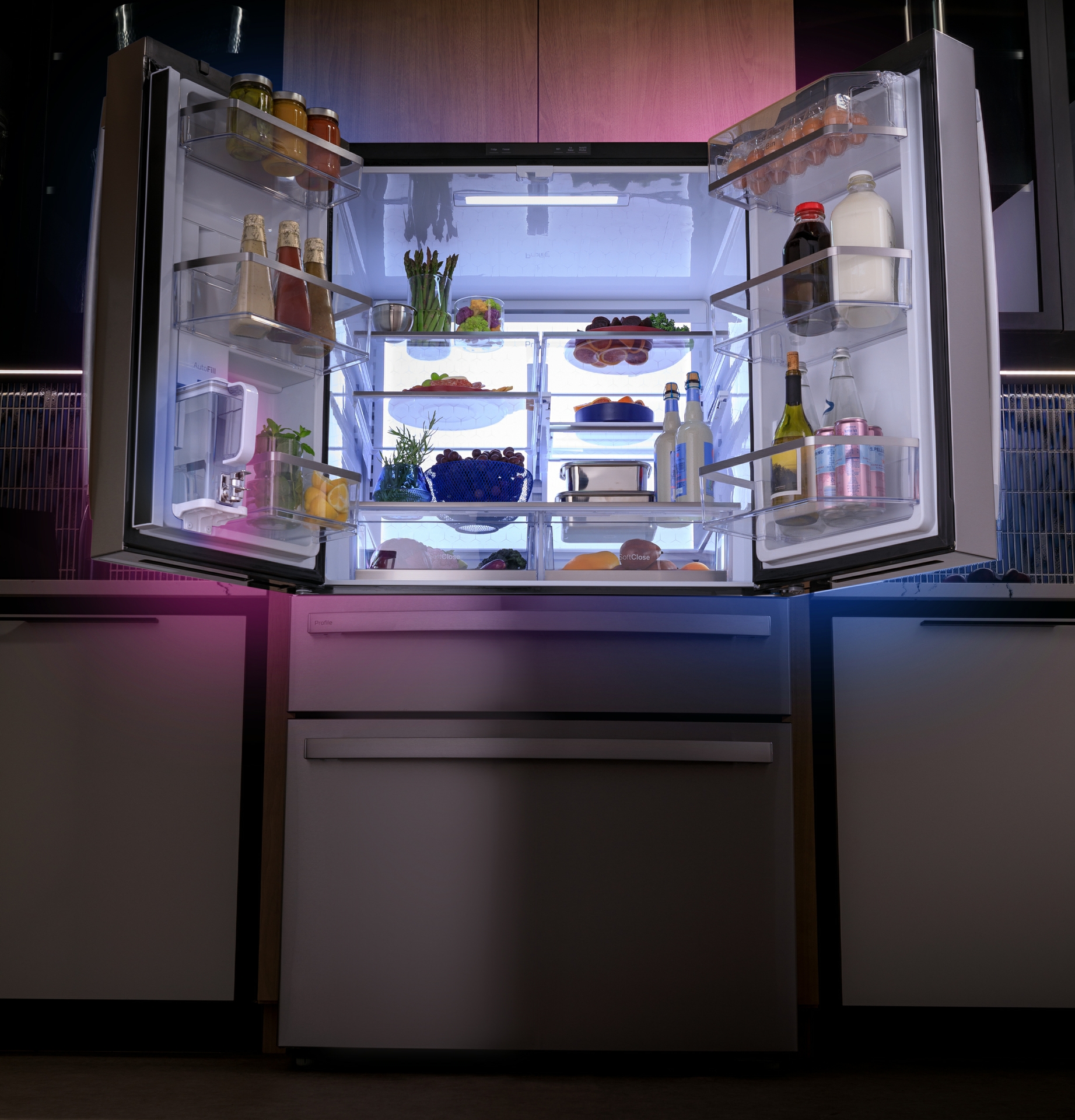 The GE Profile 4-Door Refrigerator meets consumer demand by offering the Dual-Dispense AutoFill Pitcher that holds 60 oz of filtered water.