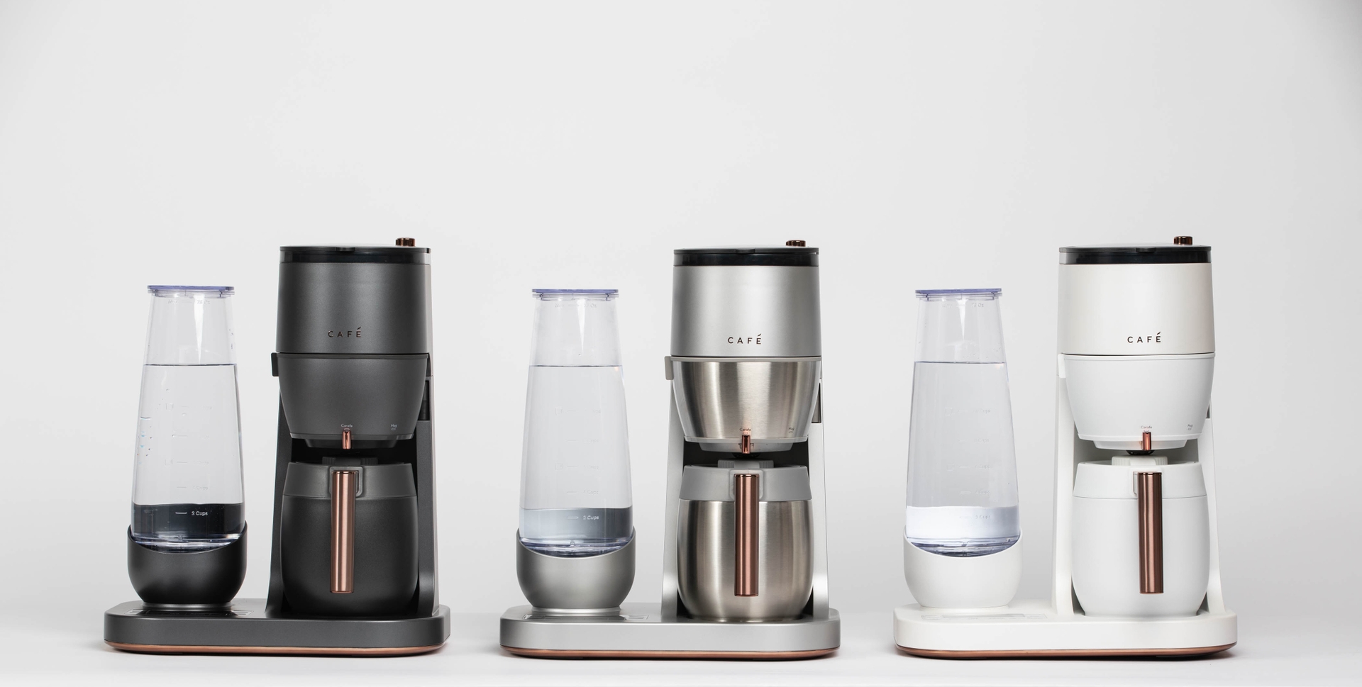 The CAFÉ Grind and Brew comes in three stunning finishes with copper accents: Stainless Steel, Matte White and Matte Black.