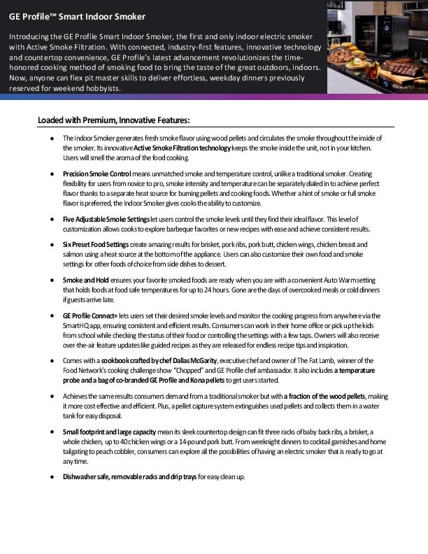 GE Profile Smart Indoor Smoker Fact Sheet.