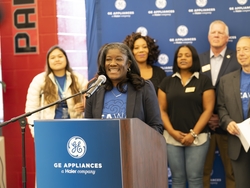 GE Appliances Senior Manager of Corporate Communications & Community Engagement Katina Whitlock announces laundry partnership with Jefferson County Public Schools
