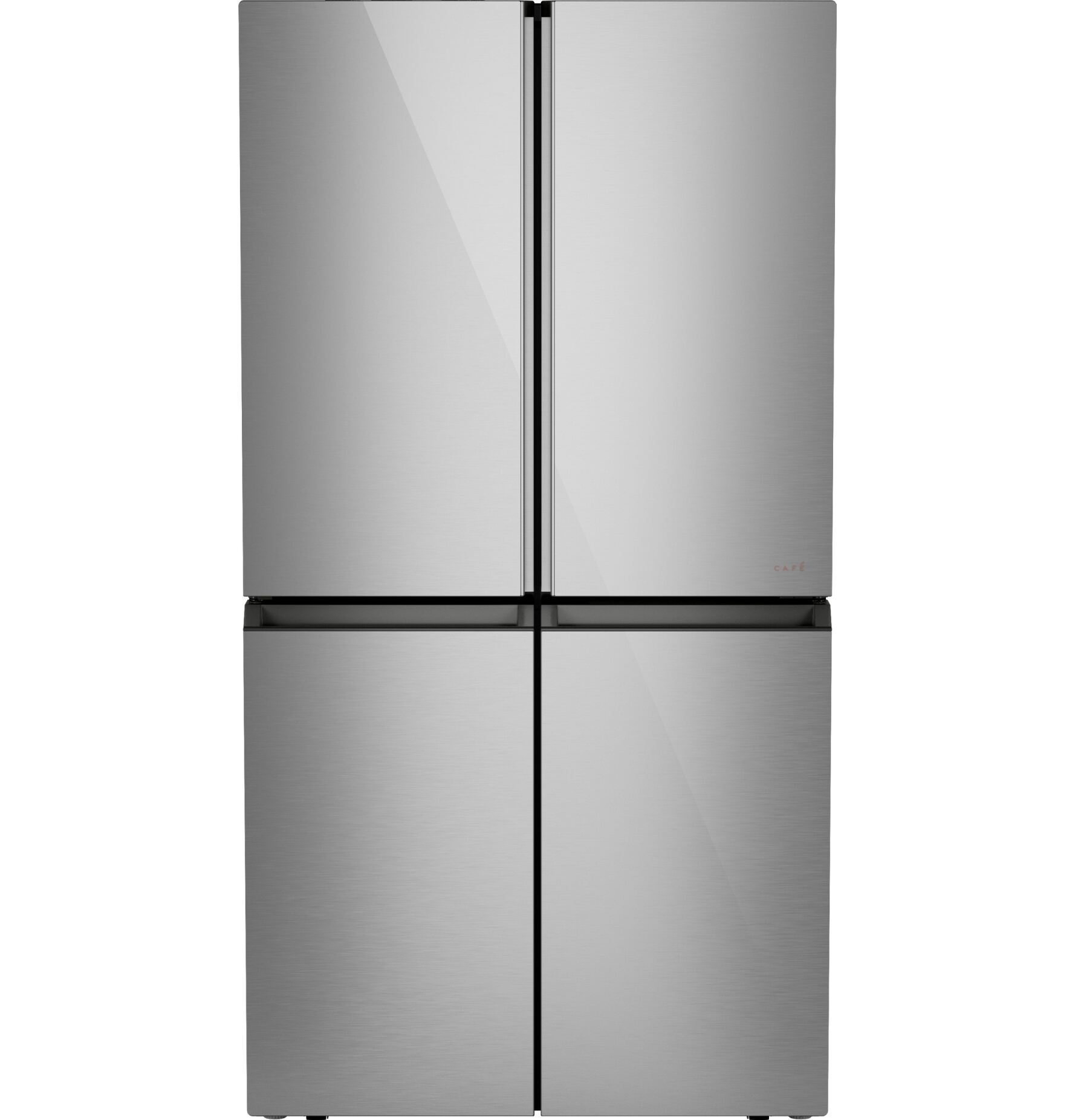 CAFÉ ENERGY STAR 28.3 Cu. Ft. Smart Quad-Door Refrigerator in Platinum Glass with Dual-Dispense AutoFill Pitcher Outside